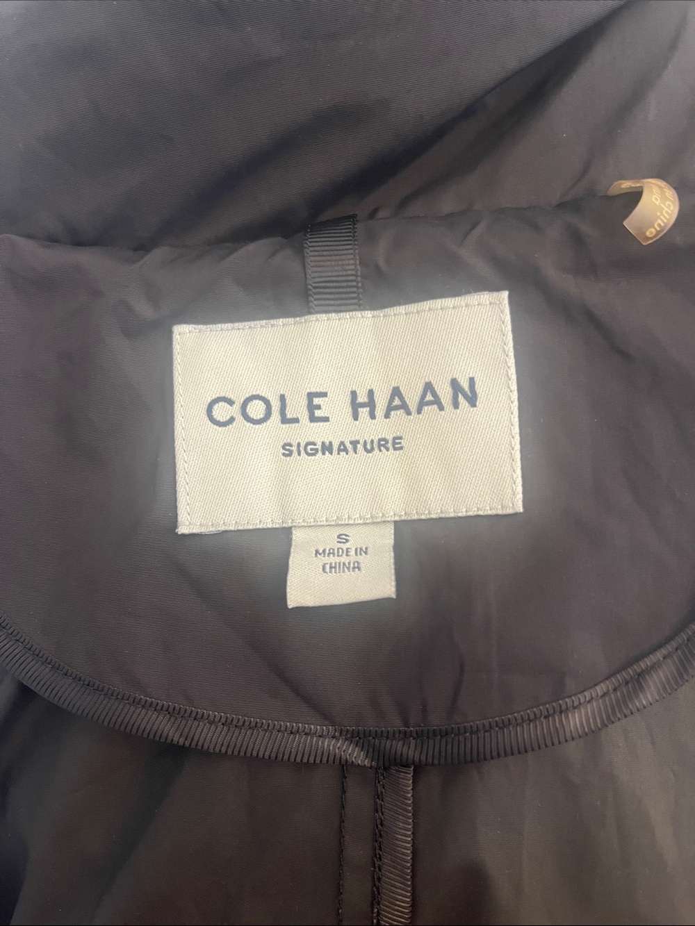 Cole Haan Black Hooded Long Rain Jacket with Gold Zippers - Picture 2 of 6